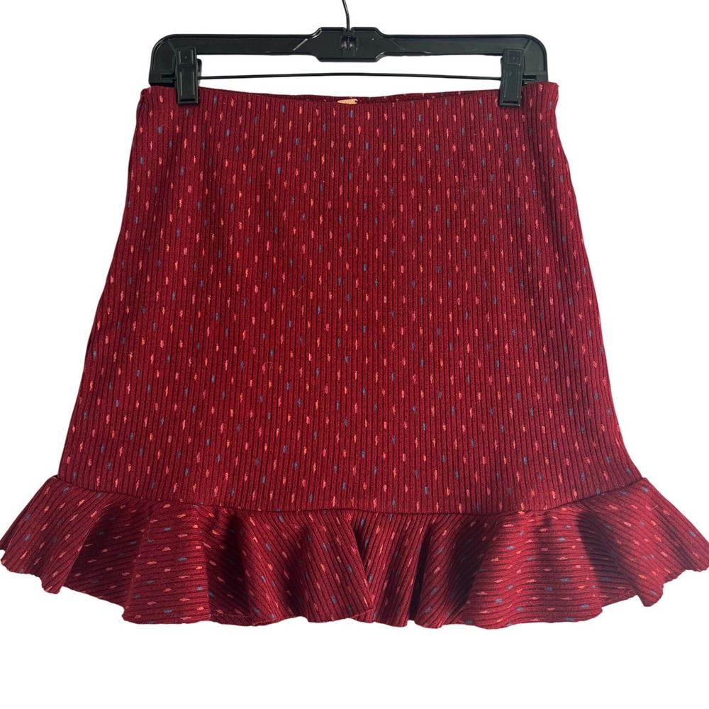 Free‎ People Y2K Burgundy Boho Ribbed Knit Ruffle Mini Skirt Size M